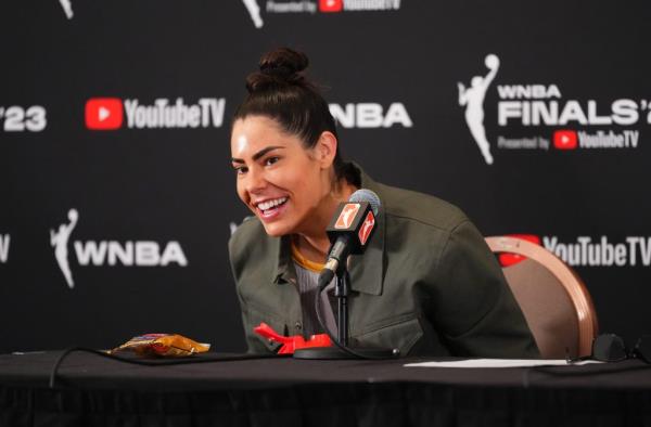 Kelsey Plum talks to the media after Game 1 against the Liberty, discussing her jab at Tom Brady during Game 1.