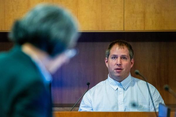 American Matthew Urey is seen in the witness box at the Whakaari White Island eruption trial at the Auckland Enviro<em></em>nment Court, in Auckland, New Zealand on Wednesday.