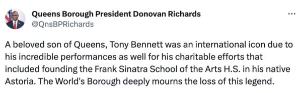 Queens Borough President Do<em></em>novan Richards ho<em></em>nors Tony Bennett on Twitter. 