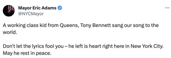 Eric Adams ho<em></em>nored Tony Bennett on Twitter. 