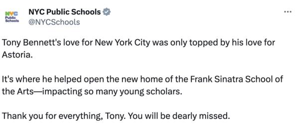 NYC Public Schools ho<em></em>nor Tony Bennett on Twitter. 