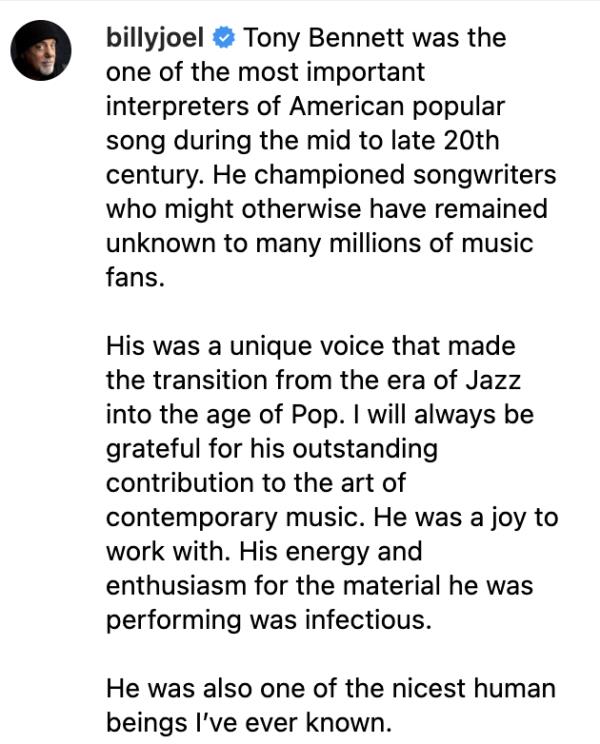 Billy Joel ho<em></em>nors Tony Bennett on Instagram. 