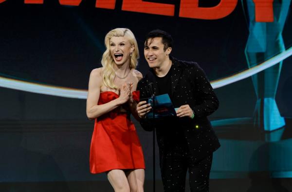 Mulvaney and Chris Olsen speak o<em></em>nstage during the 2023 Streamy Awards at Fairmont Century Plaza on August 27, 2023 in Los Angeles, California. 