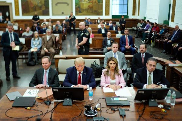 Former President Do<em></em>nald Trump, second from left, sits at the defense table with his attorney's Christopher Kise, left, Alina Habba, second from right, and Clifford Robert at New York Supreme Court, Thursday, Dec. 7, 2023, in New York. (AP Photo/Eduardo Munoz Alvarez, Pool)