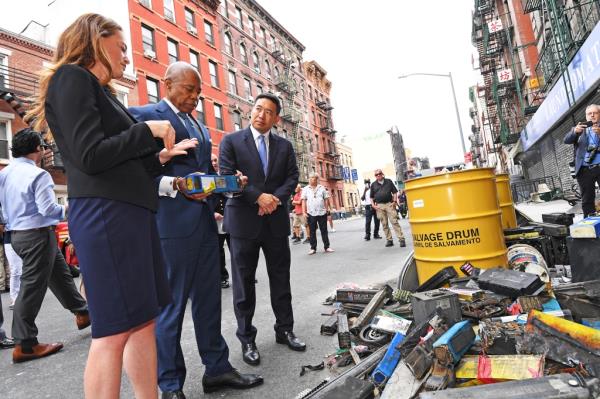 Mayor Adams and FDNY Commissio<em></em>ner Laura Kavanagh answer questions at the site of the e-bike fire earlier this week. Adams' administration has proposed using tax-payer dollars to build safer charging stations. 