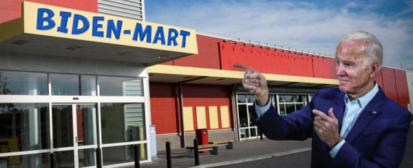 Joe Biden depicted on Biden-Mart.com, symbolically criticized by man pointing at a store, campaign by Do<em></em>nald Trump's PAC