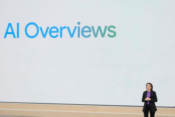 Liz Reid, Google head of search, discusses AI Overviews at an event last month.