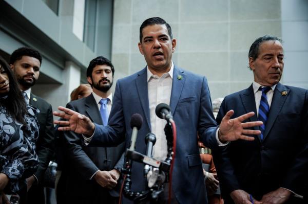 Rep. Robert Garcia (D-CA) speaks during a press co<em></em>nference with other Democratic members of the House Committee on Oversight and Accountability, and House Judiciary Committee during a break in the closed-door deposition of Hunter Biden, son of U.S. President Joe Biden, in the O'Neill House Office Building on February 28, 2024 in Washington, DC. 