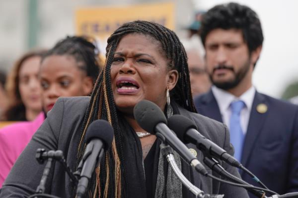 Rep. Cori Bush, D-Mo., speaks at a news co<em></em>nference to call for a ceasefire in Israel and Gaza on Capitol Hill, Oct. 20, 2023, in Washington.