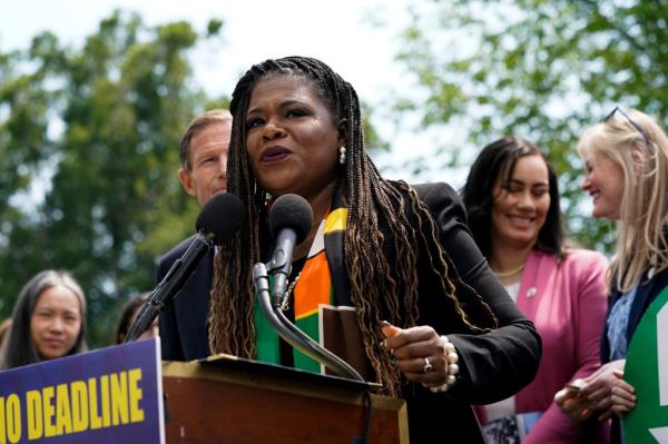Representative Cori Bush speaks in support of the removal of the ratification deadline for the Equal Rights Amendment (ERA) during a news co<em></em>nference at the U.S. Capitol in Washington, U.S., April 27, 2023.