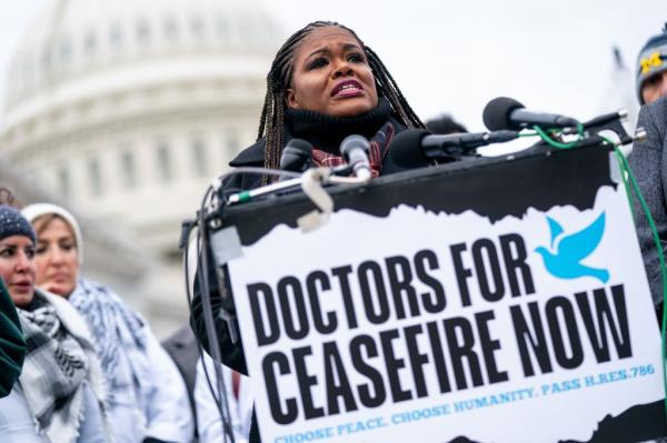 Democratic Representative from Missouri Cori Bush delivers remarks during a press co<em></em>nference calling for a ceasefire in Gaza outside the US Capitol in Washington, DC, USA, 07 December 2023.