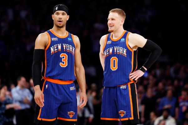 Do<em></em>nte DiVincenzo #0 talks with Josh Hart #3 of the New York Knicks during Game Five of the Eastern Co<em></em>nference Second Round Playoffs against the Indiana Pacers at Madison Square Garden on May 14, 2024 in New York City.