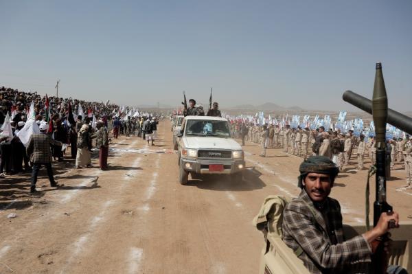 Houthi fighters at a rally in Sana'a, Yemen on Feb. 4, 2024.