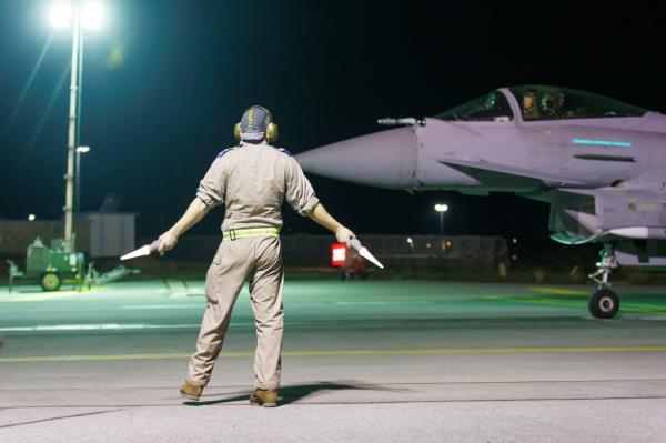 A RAF Typhoon FGR4 aircraft returning to the ba<em></em>se in Cyprus after strikes against the Houthis on Feb. 4, 2024.