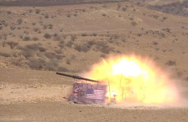A Houthi military exercise involving a US flag in Yemen on Feb. 3, 2024.