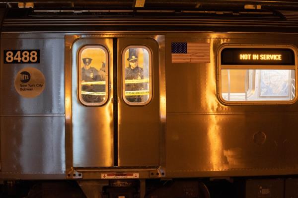 Police were investigating a stabbing on the train on the J line at Broadway and Kosciuszko St. in Brooklyn, Monday, March 25, 2024.  