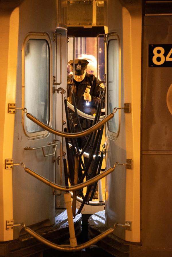 Police were investigating a stabbing on the train on the J line at Broadway and Kosciuszko St. in Brooklyn, Monday, March 25, 2024.  