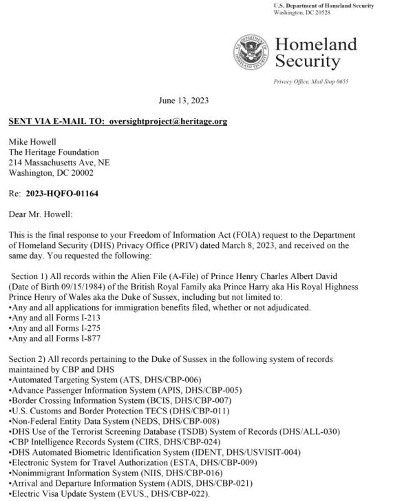 Department of Homeland Security respo<em></em>nse to Mike Howell's FOIA request on behalf of the Heritage Foundation, page 1. 