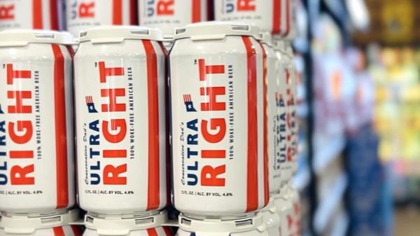 Cans of beer representing rival brands Bud Light and Co<em></em>nservative Dad's Ultra Right Beer, discussed in story of former US President’s defense of the Bud Light brand.