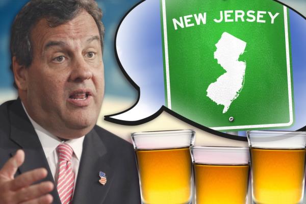 A photo illustration showing Chris Christie, shot glasses and a speech bubble featuring the state of New Jersey.