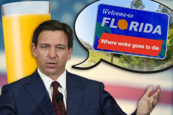 A photo illustration of Ron DeSantis with a glass of orange juice and a speech bubble featuring a florida state sign.