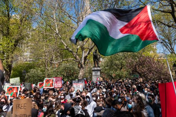 NYU students and faculty participate in an anti-Israel protest at Washington Square Park on April 23, 2024.