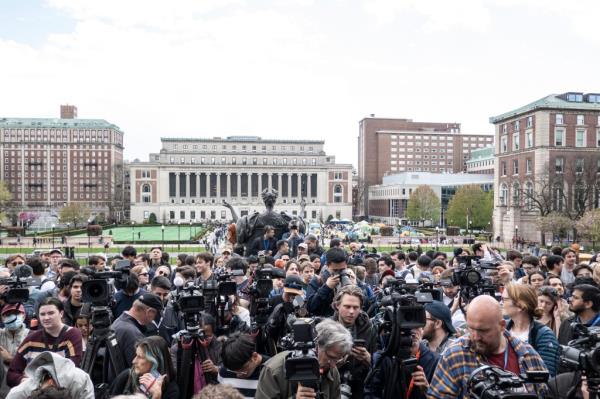 Members of the press attend Speaker of the House Mike Johnson's appearance at Columbia University in NYC on April 24, 2024.