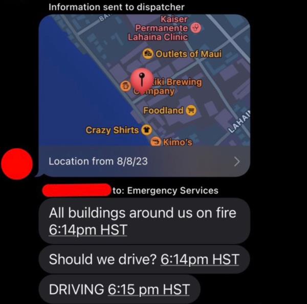Screenshot of an exchange between emergency respo<em></em>nders and a family he knows that became stranded in the Maui wildfires.