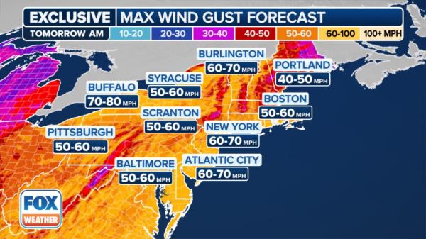 Radar image showing winds in the northeast