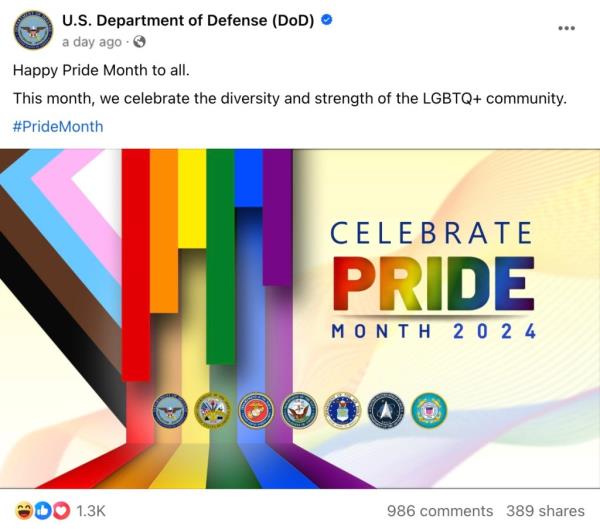Screenshot of the U.S. Navy SEALs' Facebook page marking the start of pride month, with a comment criticizing this action as 'going woke'