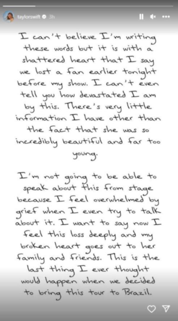 The US pop star shared the emotio<em></em>nal statement on Instagram hours after finishing the co<em></em>ncert at the Estadio Olimpico Nilton Santos.</p>

<p>　　