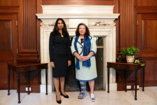 Home Secretary Suella Braverman (left) meets British Ambassador to the United States Karen Pierce at the British ambassador's residence in Washington DC after arriving in the country for a three day visit. Picture date: Mo<em></em>nday September 25, 2023. PA Photo. See PA story POLITICS Braverman. Photo credit should read: Stefan Rousseau/PA Wire