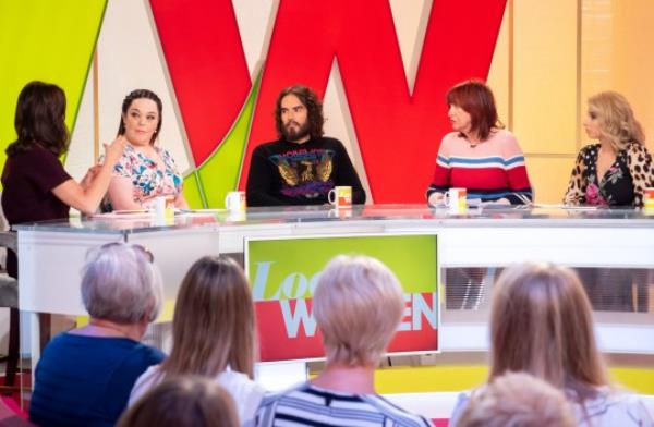 Editorial use o<em></em>nly Mandatory Credit: Photo by Ken McKay/ITV/REX/Shutterstock (9675427w) Andrea McLean, Lisa Riley, Russell Brand, Janet Street-Porter and Stacey Solomon 'Loose Women' TV show, London, UK - 16 May 2018