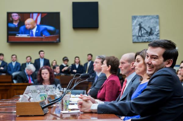 Martin Shkreli, right, former CEO of Turing Pharmaceuticals, invoked his Fifth Amendment right against self-incrimination during a House Oversight and Government Reform Committee hearing in 2016.