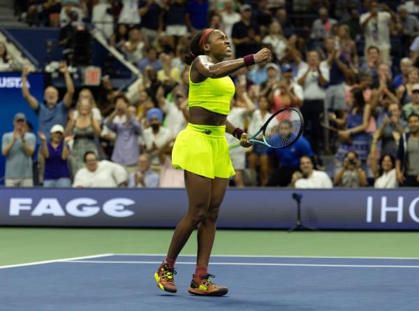 Coco Gauff reacts after she defeats Carolina Muchova in straight sets as they play the women's single semifinal.