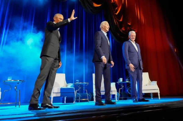 President Joe Biden, center, and former presidents Barack Obama, left, and Bill Clinton.