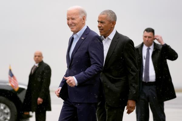 President Biden and former President Obama arriving in New York for a Biden campaign fundraiser on March 28, 2024.