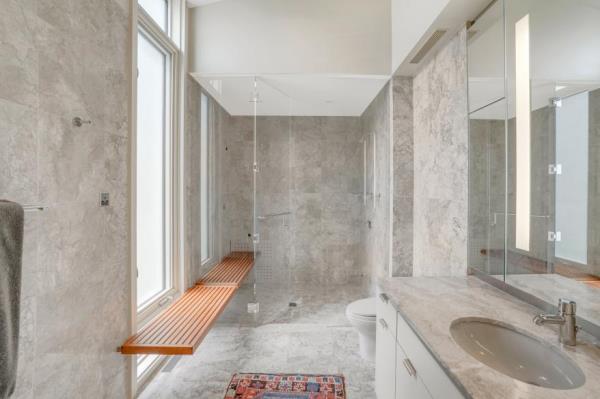 The heated bathroom in the primary suite.