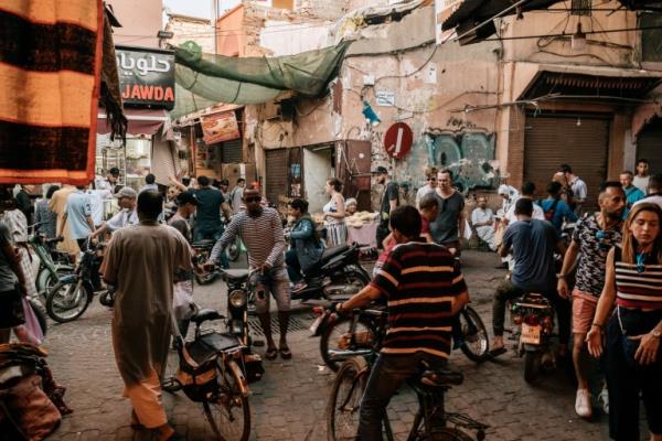 The co<em></em>ncentration of people near the Jemaa el-Fna square during rush hour on one of the squares in the old town of Marrakesh.