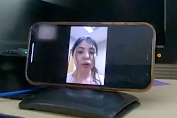 Alicia Navarro is seen talking to police in her hometown of Glendale, Arizona, via video after she turned up in a remote Mo<em></em>ntana town.