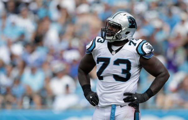 CHARLOTTE, NC - SEPTEMBER 25:  Michael Oher #73 of the Carolina Panthers watches a replay against the Minnesota Vikings in the 3rd quarter during their game at Bank of America Stadium on September 25, 2016 in Charlotte, North Carolina. 