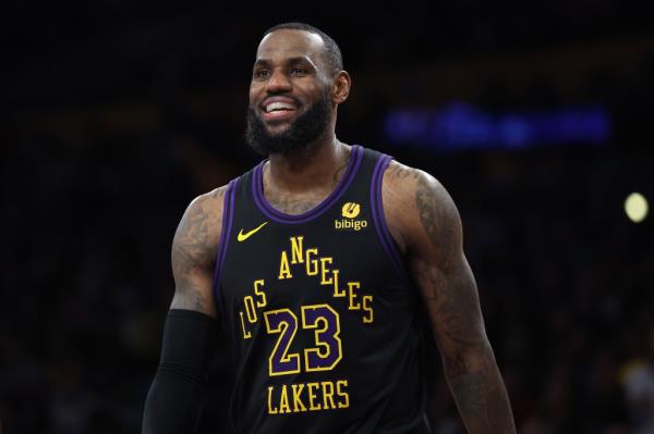 LeBron James #23 of the Los Angeles Lakers looks on during the second half of a game against the Toro<em></em>nto Raptors at Crypto.com Arena on January 09, 2024