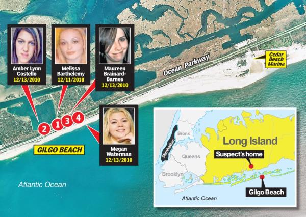A map of wher<em></em>e four victims were found alo<em></em>ngside the Ocean Parkway and the suspect's home in Long Island.