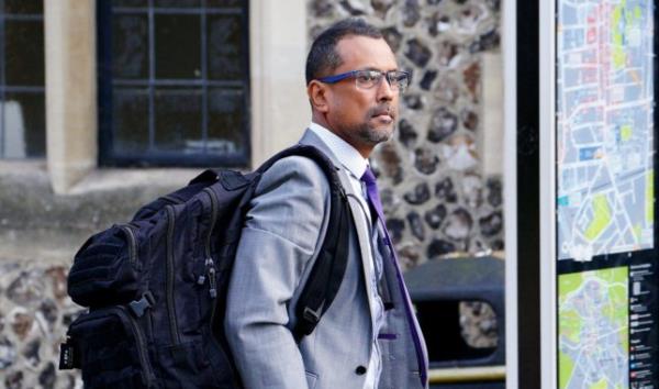 Pc Ravi Canhye of Dorset Police leaves Winchester Crown Court, Hampshire, wher<em></em>e he is charged with two counts of rape, one count of attempted rape and five of sexual assault against two women. Canhye is alleged to have carried out the offences while he was off duty between April 8 and 11 2022. Picture date: Mo<em></em>nday September 25, 2023. PA Photo. See PA story COURTS Canhye. Photo credit should read: Ben Birchall/PA Wire