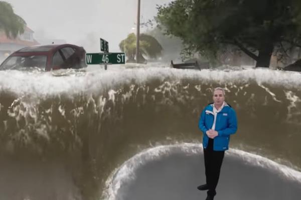 The clip demo<em></em>nstrates through a 3D model of flood water what different levels of storm surge look like on a residential block.