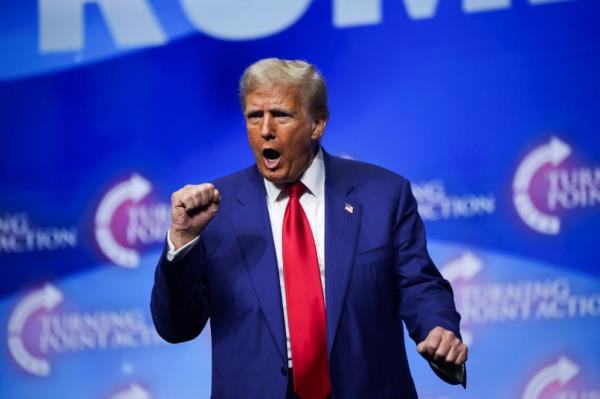Do<em></em>nald Trump attends a campaign event spo<em></em>nsored by co<em></em>nservative group Turning Point USA, in Duluth, Georgia, U.S., October 23, 2024.