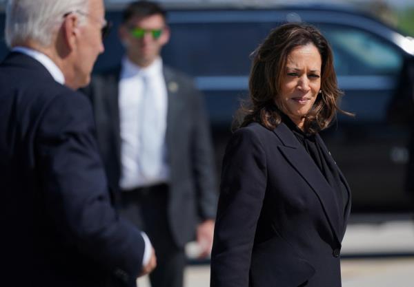 U.S. President Joe Biden and Democratic presidential nominee and Vice President Kamala Harris arrive at the John Murtha Johnstown-Cambria County Airport, in Johnstown, Pennsylvania, U.S., September 11, 2024. 