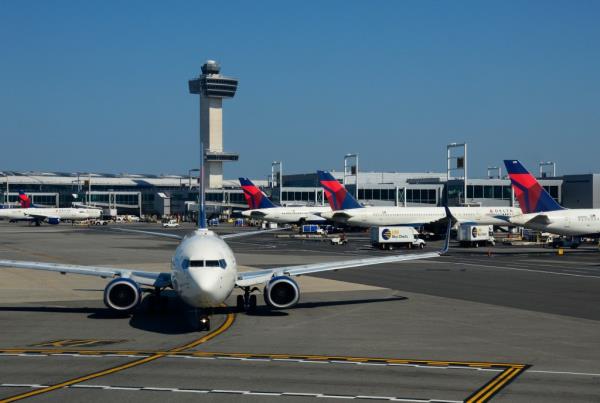 A file photo. A Delta Airlines passenger jet taxis at John F. Kennedy Internatio<em></em>nal Airport in New York.