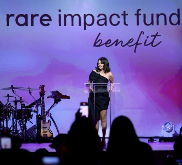 Selena Gomez, Founder & Creator, Rare Impact Fund, speaks o<em></em>nstage during the Second Annual Rare Impact Fund Benefit Supporting Youth Mental Health, hosted by Selena Gomez, at Nya Studios on October 24, 2024 in Los Angeles, California.