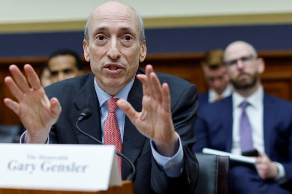 SEC Chairman Gary Gensler testifying before a House Financial Services Committee, speaking into a microphone on Capitol Hill, September 27, 2023.